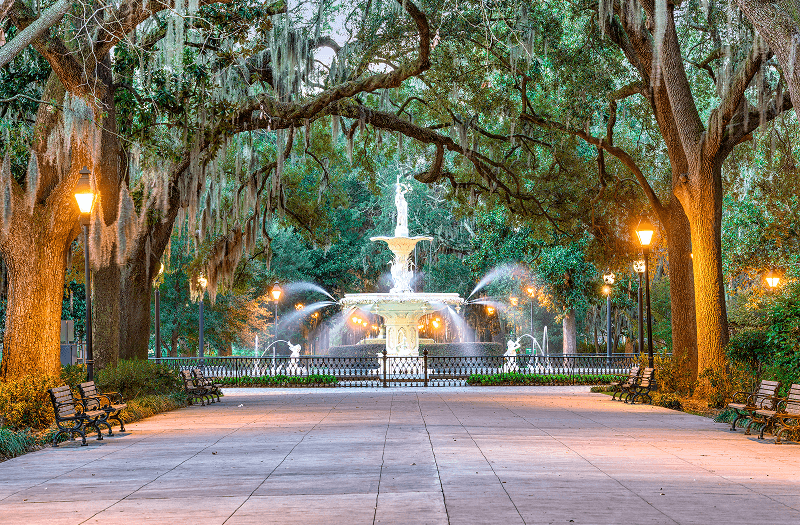 Pedestrian path lined with trees and illuminated streetlights leading to a fountain in a Savannah public park.