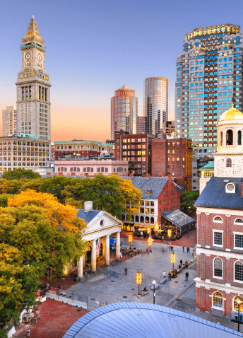 Bird's-eye view of a public square surrounded by high-rise buildings in Downtown Boston.