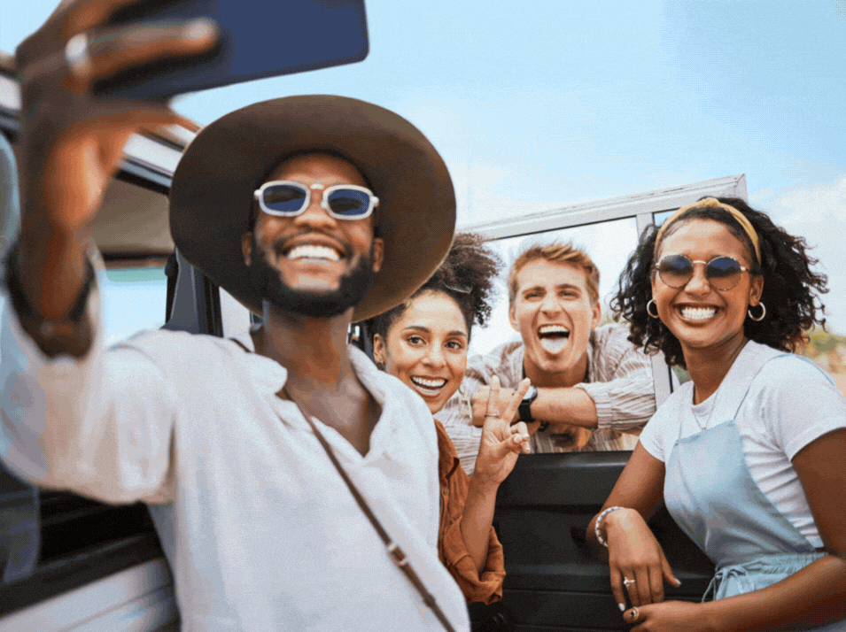 A rotating GIF with images of a group of smiling friends taking a selfie outdoors, a couple kayaking along the ocean’s open waters in a red kayak, friends enjoying pool-time with a yellow floatie, and a family walking hand-in-hand in the water at the beach.