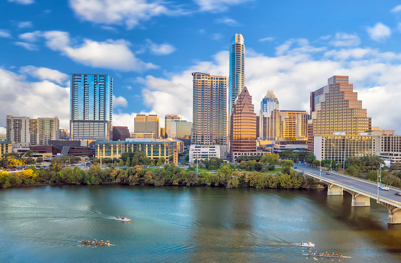 View of the downtown Austin skyline on a semi-cloudy day.