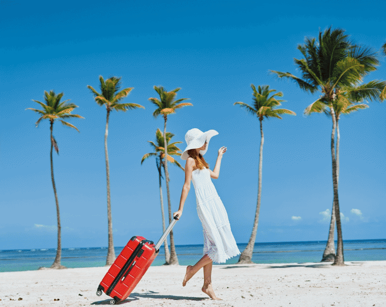 A rotating GIF with images of friends in a red convertible, a man toasting cocktails poolside, friends hanging out at a pool, a lady with a red suitcase on a beach, and two women with sparklers.