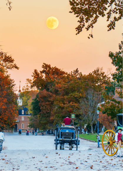 A horse-drawn carriage riding toward the sunset along Duke of Gloucester Street in Colonial Williamsburg.