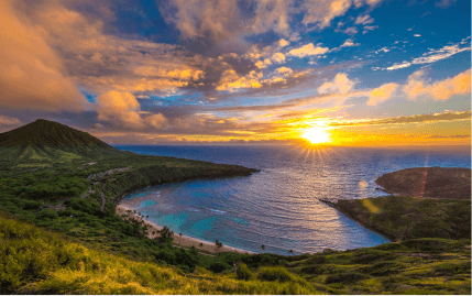 A beautiful sunrise over the Hanauma Bay Nature Preserve in Oahu, Hawaii.