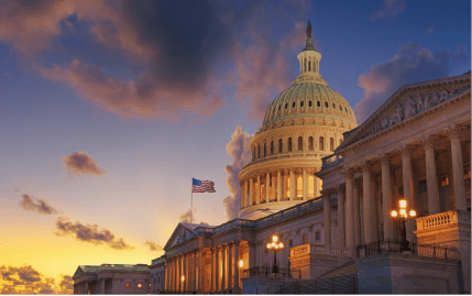 Beautiful view of the United States Capitol Building in Washington, D.C., at sunset.