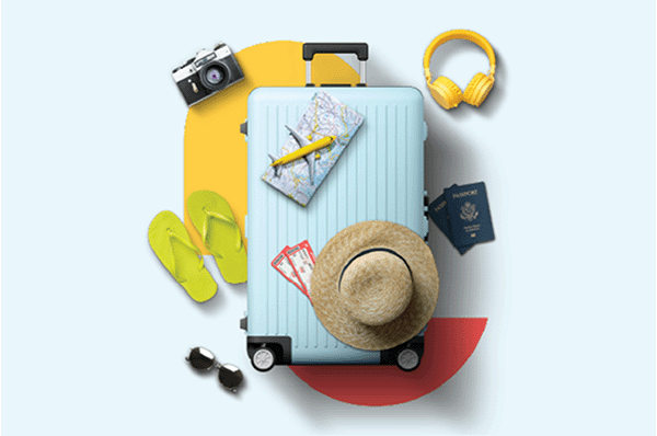 A luggage surroudned by travel items such as headphones, a hat, sunglasses, camera, passport, map and flip-flops.