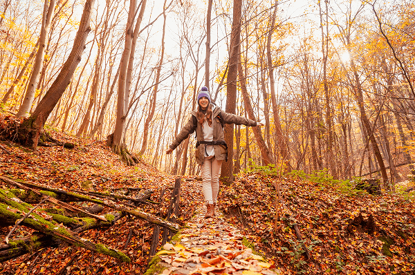 A woman walks along a path in a fall forest, with trees displaying bright autumn foliage all around her.