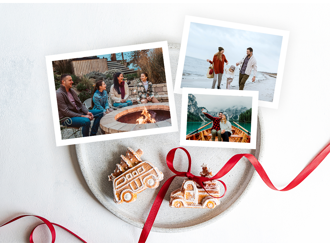 A plate displaying photos of people gathered around a fire and a decorated Christmas tree, capturing a festive atmosphere.