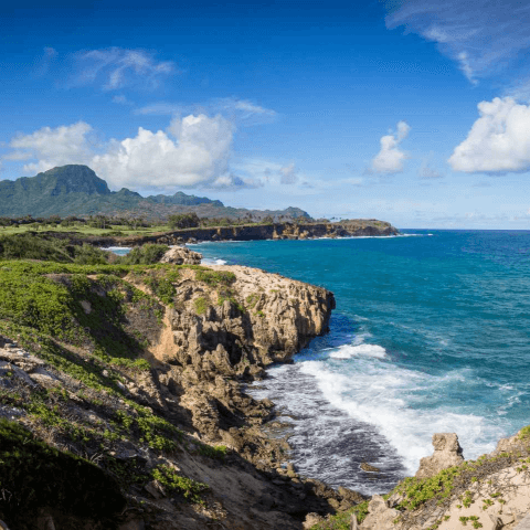 View of the coast with cliffs, with a clear sky and mountains in the background