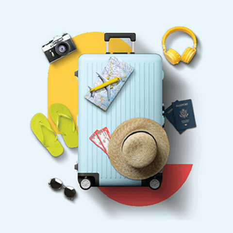 A luggage surrounded by travel items such as a hat, sunglasses, headphones, passport, camera and flipflops.