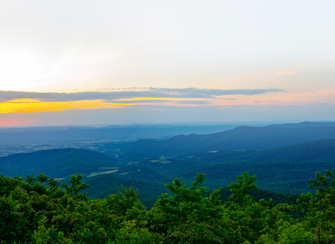 An aerial view of the Shenandoah Valey at sunrise