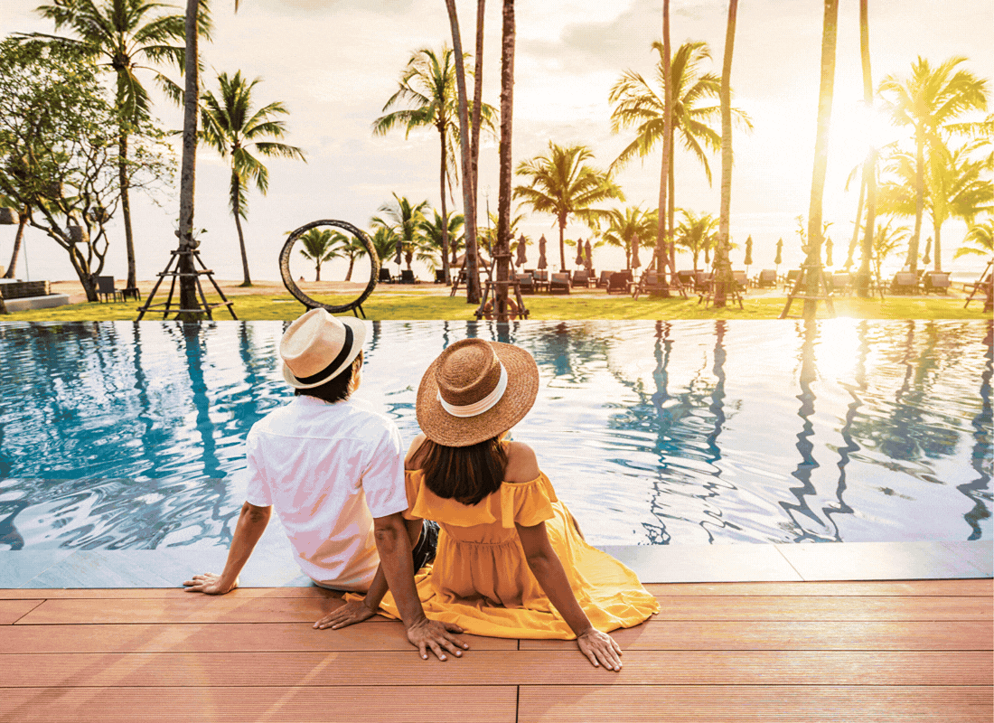 A rotating GIF with a couple sitting with their legs in a pool, friends enjoying drinks on the beach, and a couple in an infinity pool overlooking the ocean.