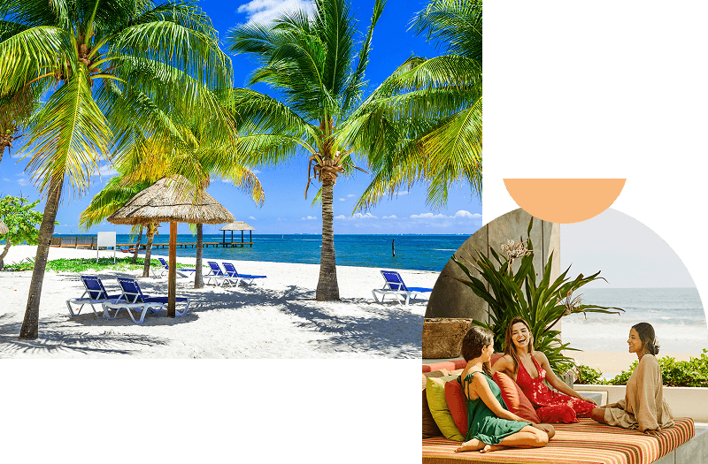 Blue chairs, palm trees, and calm waters on a clear day at a tropical beach, slightly overlaid with an image of three smiling friends sitting on loungers overlooking the ocean.