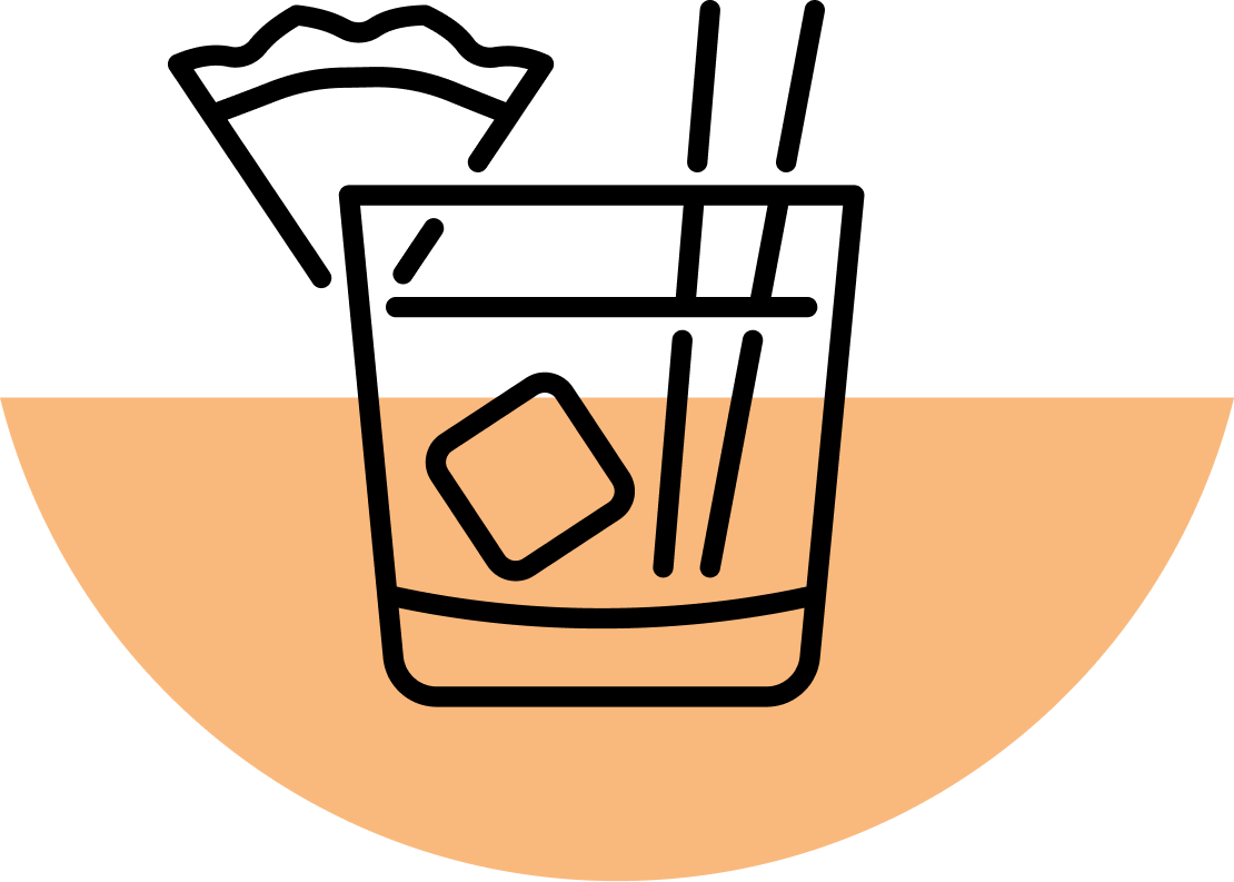A line icon of a tropical drink with an ice cube and stirrers, garnished with a piece of fruit.