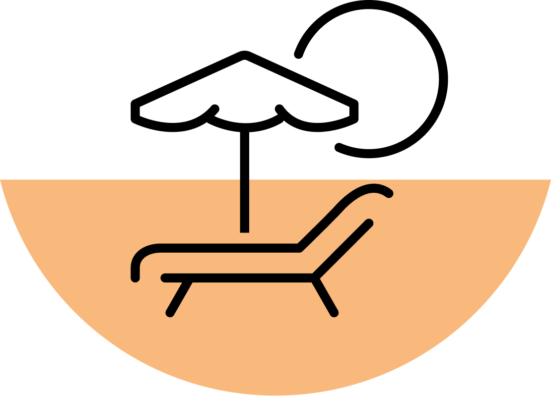 A line icon of a lounge chair and umbrella in front of a large sun.