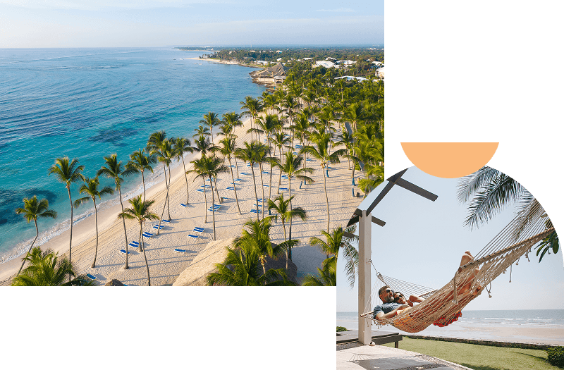 Tall palm trees and blue lounge chairs on white sand next to turquoise water in Punta Cana, Dominican Republic, slightly overlaid with an image of a couple in a hammock.
