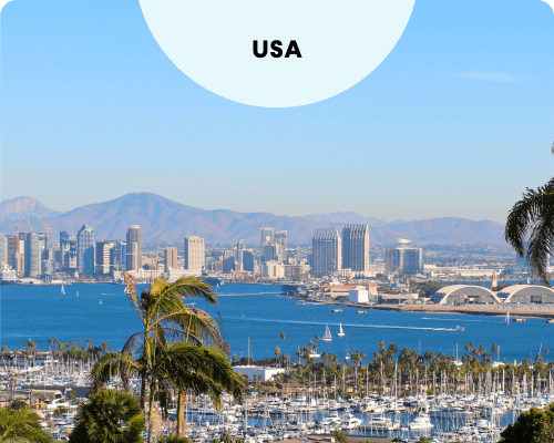 The San Diego skyline and harbor filled with sailboats, framed by palm trees in the foreground and blue mountains under a clear sky.