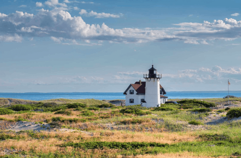 Lighthouse with sea and clear sky in the background