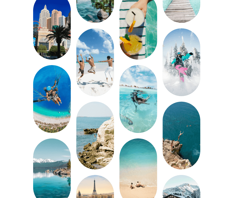 A photo collage featuring various vacation scenes, including tropical beaches, cityscapes, cliff diving, snowboarding, and tropical drinks.