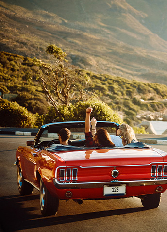 Three people in a car with vegetation in the background