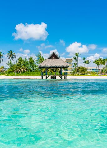 A thatched-roof gazebo over clear turquoise water on a tropical beach lined with palm trees and a resort.